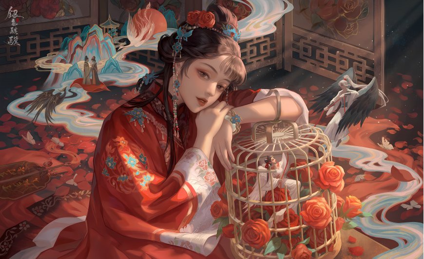 古风红衣动漫少女金笼玫瑰奇幻二次元动漫电脑壁纸