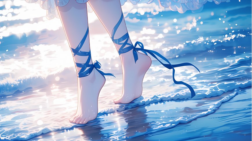 动漫少女海滩蓝色丝带浪花夏日二次元动漫电脑壁纸