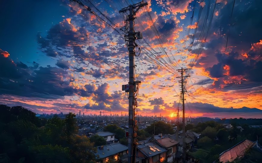 唯美城市晚霞电线杆剪影治愈风景电脑壁纸