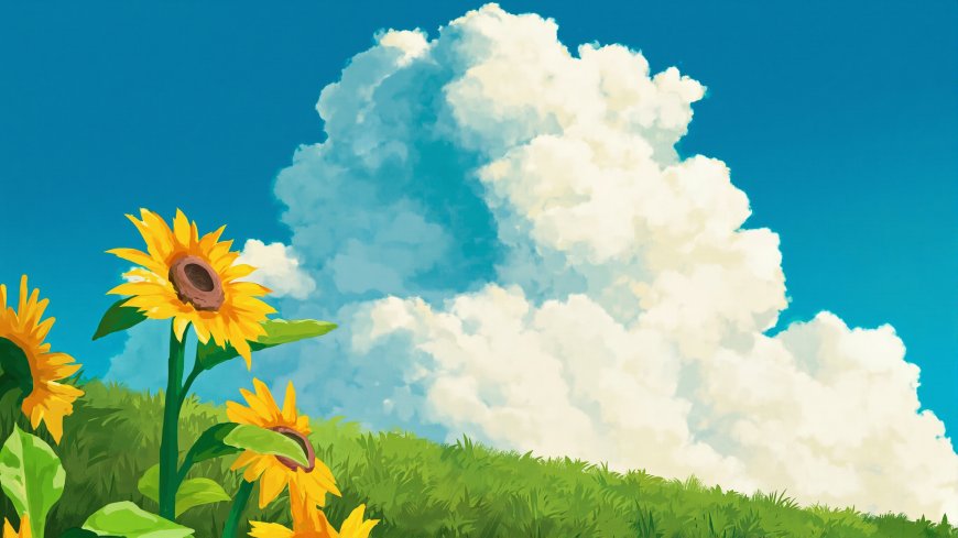 夏日向日葵蓝天白云治愈系插画风景电脑壁纸