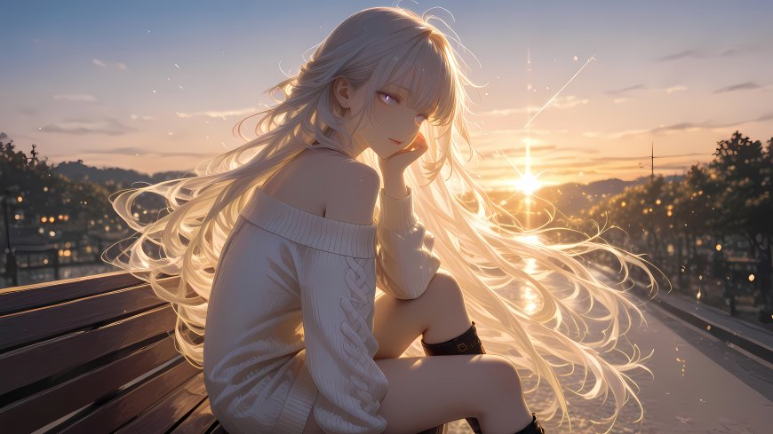 银发动漫少女夕阳毛衣治愈梦幻二次元动漫电脑壁纸