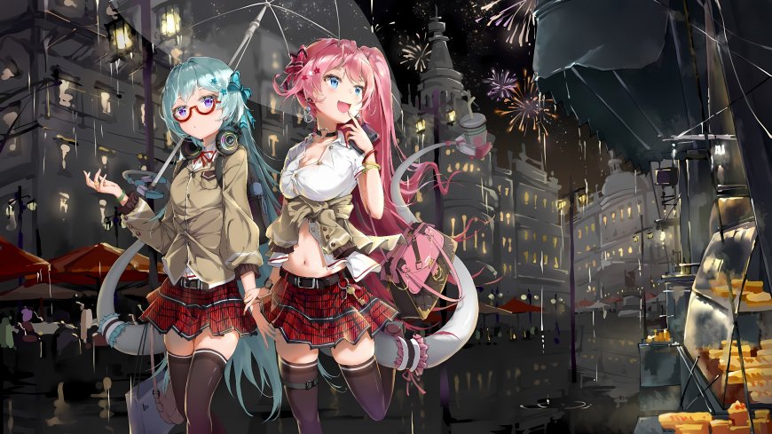 雨夜双少女牵手漫步烟花欧洲街景二次元动漫电脑壁纸