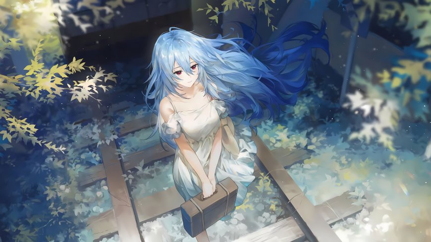 蓝发红眸少女铁轨提箱白裙森林二次元风景电脑壁纸