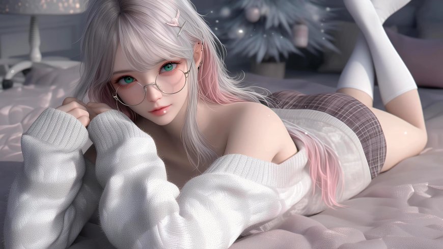 银发眼镜少女卧床毛衣白丝治愈二次元动漫电脑壁纸