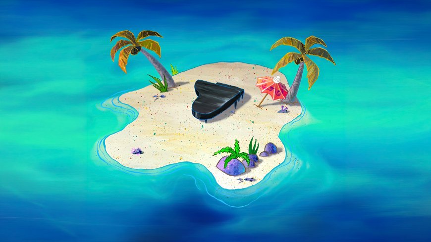 治愈系孤岛黑色钢琴椰树蓝海插画创意电脑壁纸
