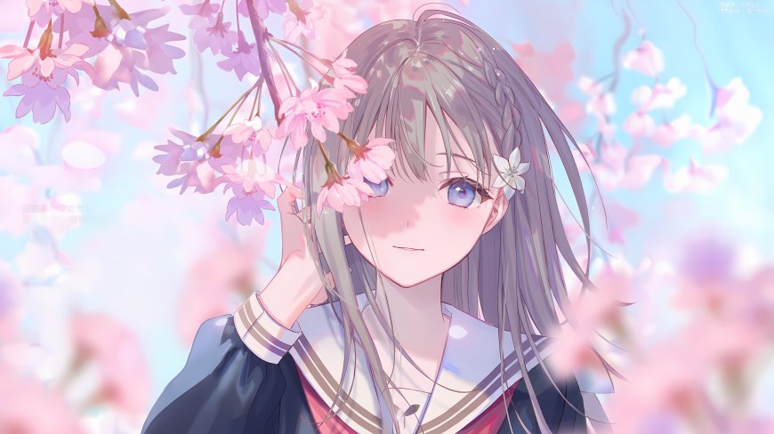 樱花校服动漫少女紫瞳清新治愈二次元动漫电脑壁纸