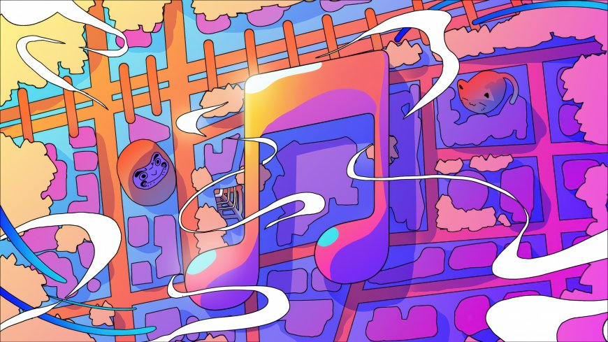 苹果和风音符城市创意插画电脑壁纸