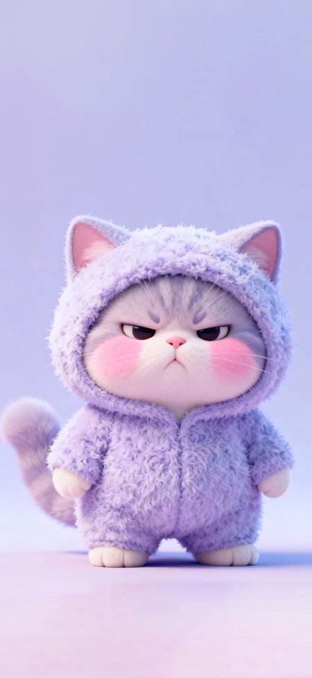 紫色睡衣小猫撇嘴生气软萌3D手机壁纸