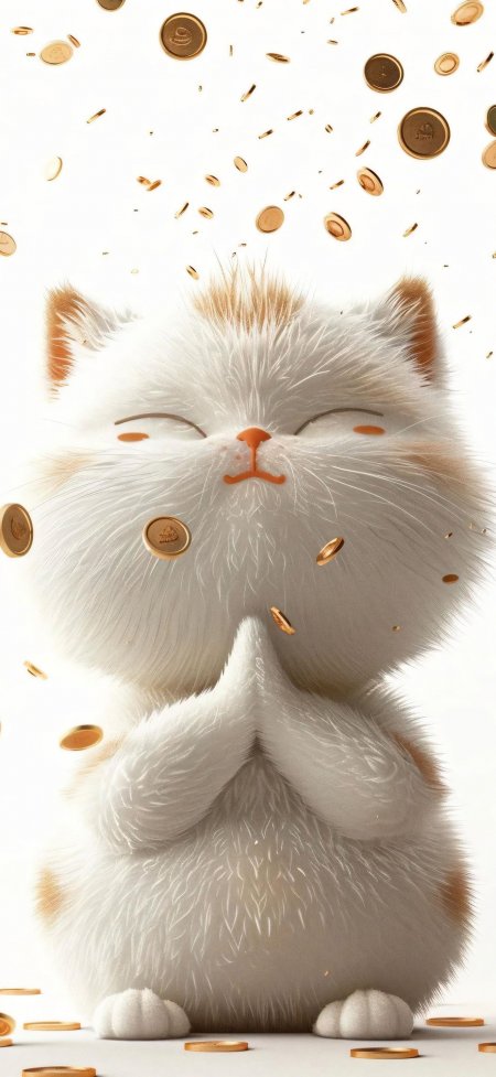 三花小猫合十祈愿天降金币招财手机壁纸