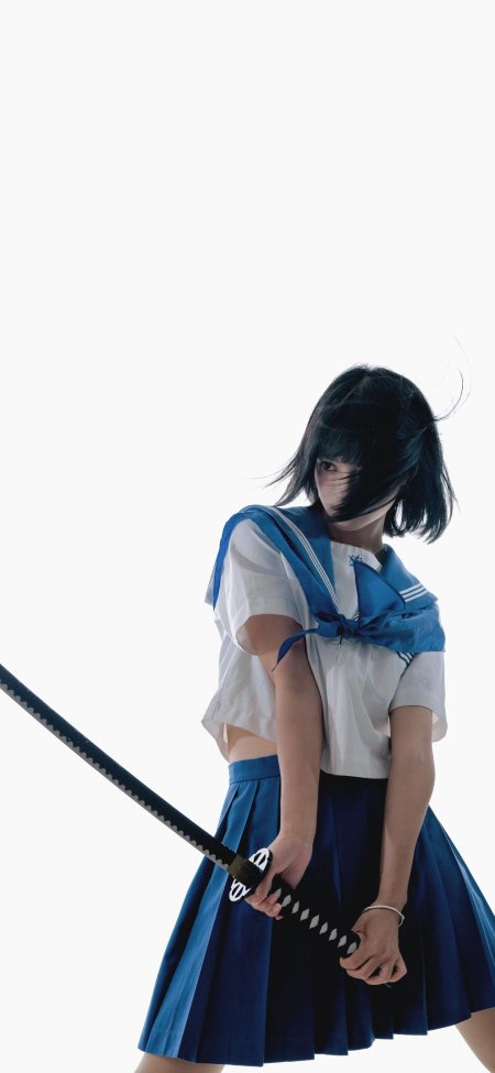 蓝白水手服美女持武士刀回头摄影手机壁纸