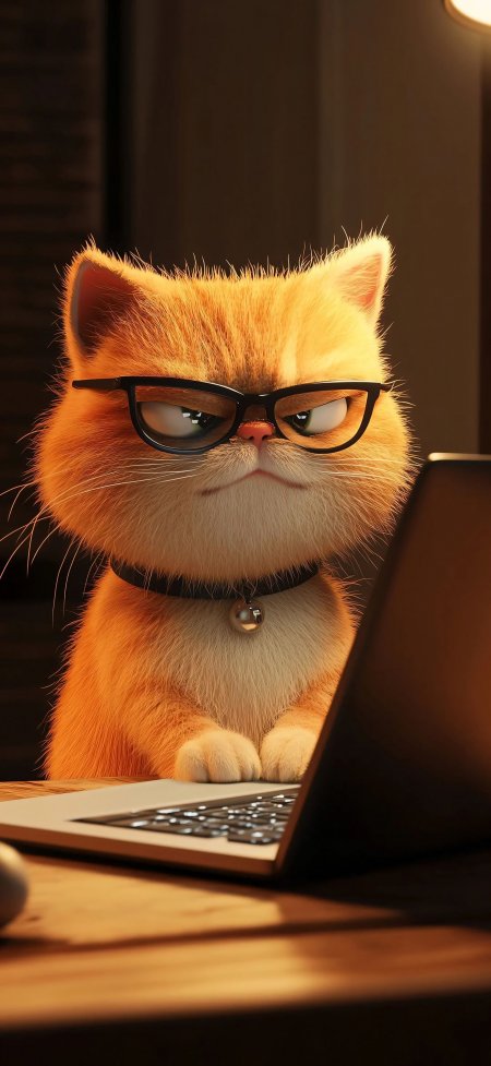 橘猫戴眼镜笔记本专注办公3D萌宠手机壁纸