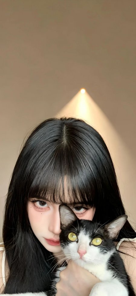 黑长发美女抱黑白猫咪聚光氛围手机壁纸