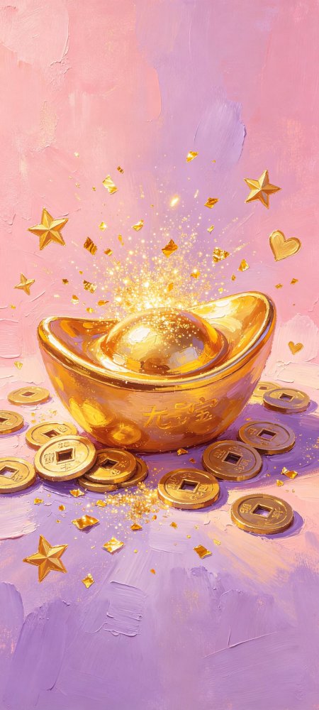 金元宝金币爆发粉色油画财运喜庆手机壁纸