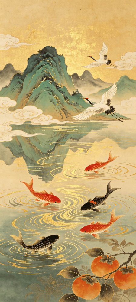 锦鲤白鹤柿子金色山水吉祥中国风手机壁纸