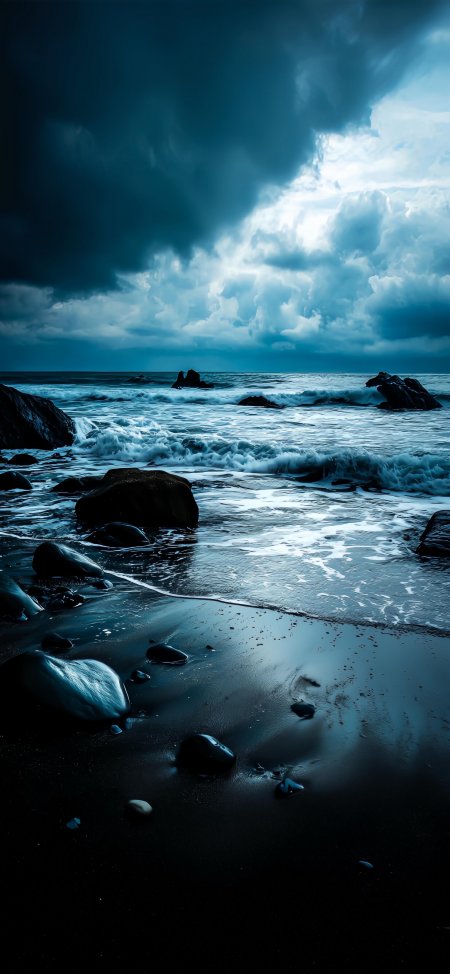 暴风雨海岸线礁石浪涌深蓝暗黑风景手机壁纸