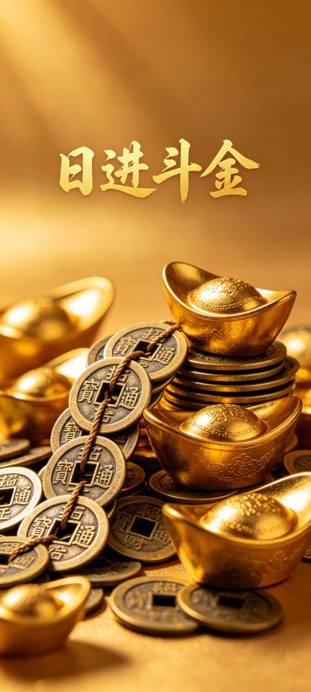日进斗金古币金元宝堆积招财手机壁纸