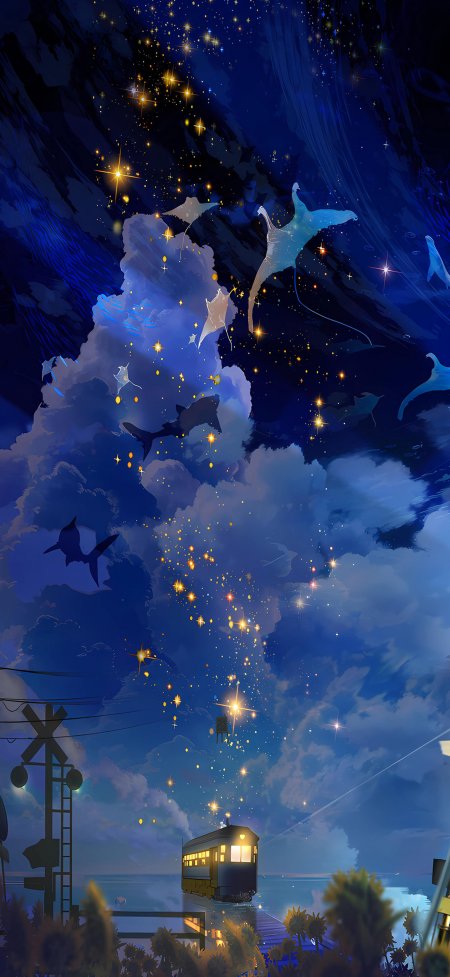 星空蝠鲼海上列车奇幻治愈插画手机壁纸