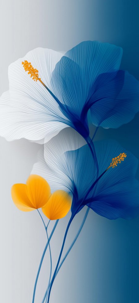蓝白渐变芙蓉花黄色点缀极简花卉手机壁纸