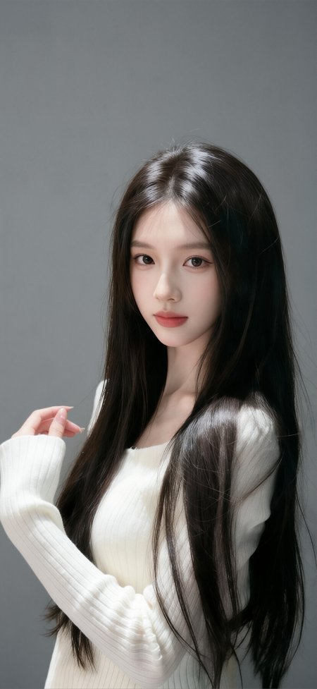 白毛衣黑发美女简约清新气质手机壁纸