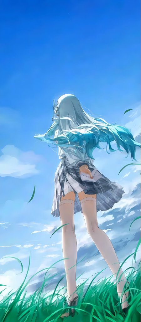蓝发少女草地持情书中景清新动漫手机壁纸