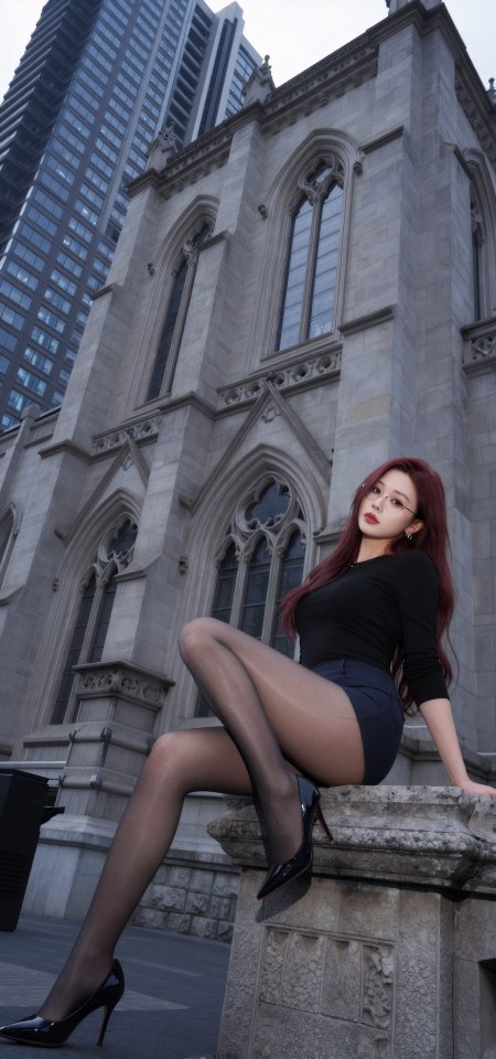 酒红长发眼镜美女黑丝高跟哥特街拍手机壁纸