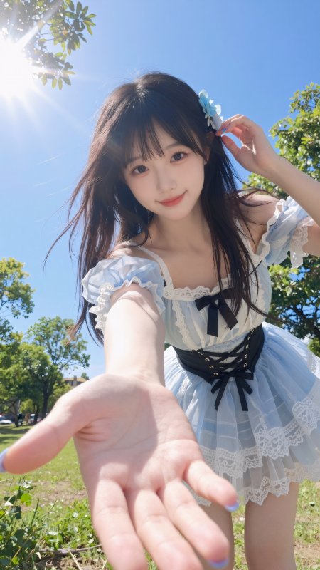洛丽塔蓝白裙美女公园伸手甜美人像手机壁纸