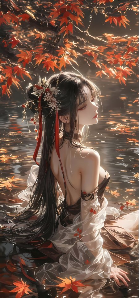 古风少女秋日红枫水中唯美意境动漫手机壁纸