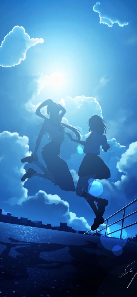 双人校服少女蓝天腾空剪影青春动漫手机壁纸