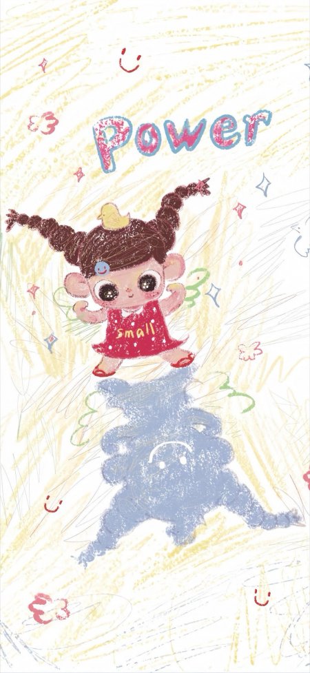 蜡笔小女孩力量阴影治愈童趣插画手机壁纸
