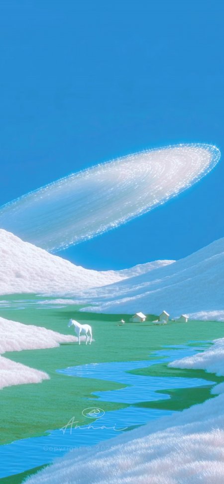 星空圆环白马草原溪流梦幻风景手机壁纸