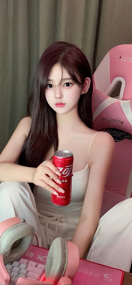 粉电竞椅美女白吊带红可乐游戏氛围手机壁纸