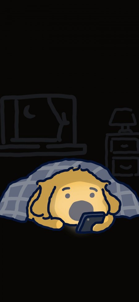 被窝小狗深夜刷手机治愈搞怪卡通插画手机壁纸