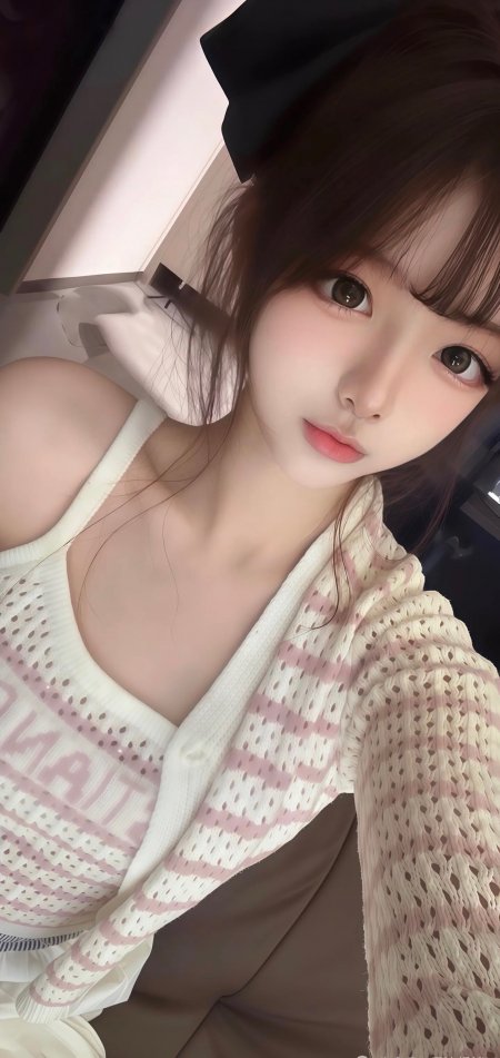 黑色大蝴蝶结甜美黑发美女自拍人像手机壁纸