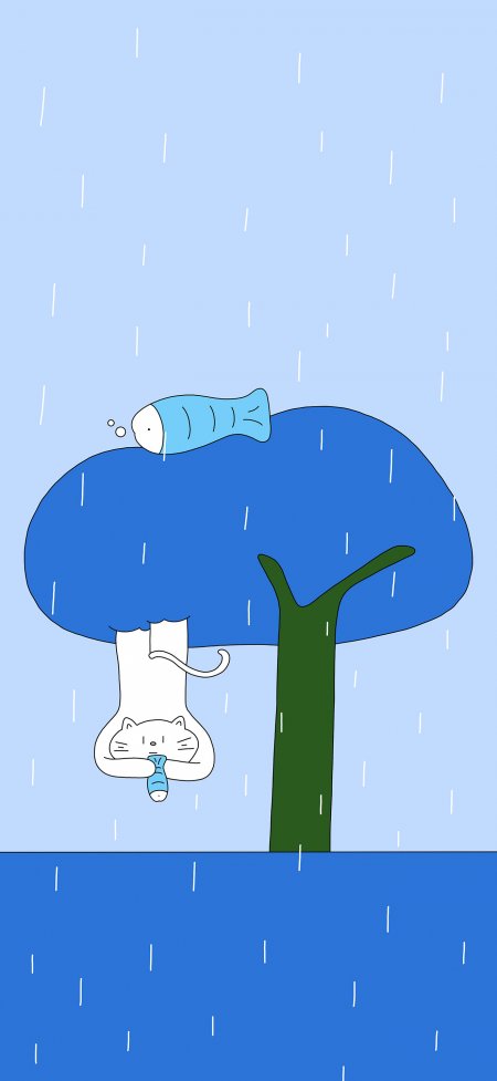 雨天蓝树倒挂白猫吃鱼治愈卡通插画手机壁纸