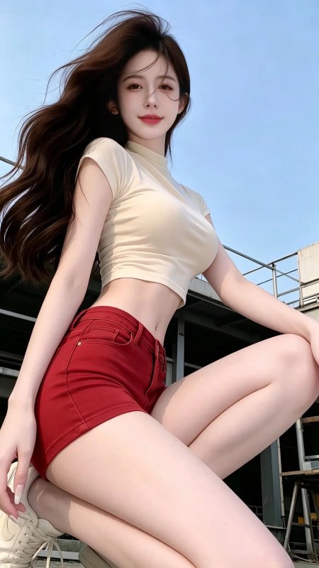 奶黄上衣红色短裤美女蹲姿户外街拍手机壁纸