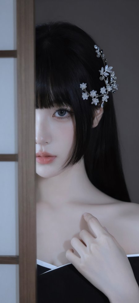 屏风半遮黑发美女清冷回眸国风摄影手机壁纸