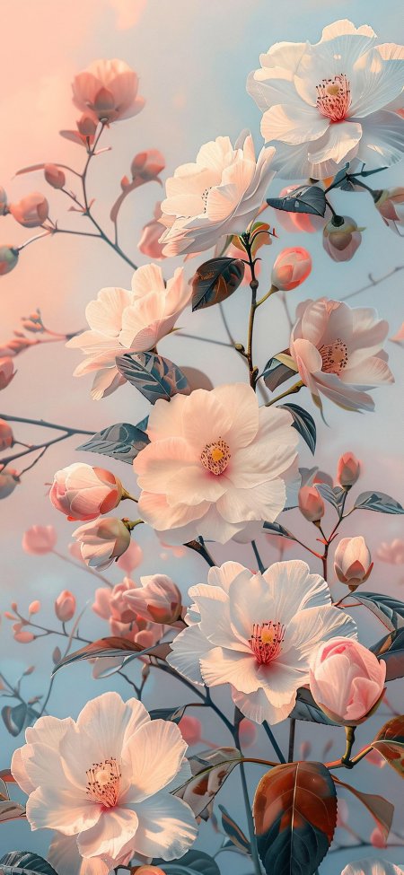 早春粉白桃花枝头柔和梦幻插画风景手机壁纸