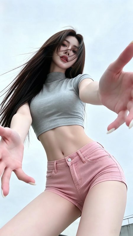 灰色短款粉色热裤美女伸手互动街拍手机壁纸