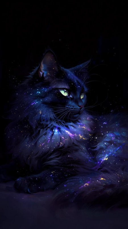 星河长毛黑猫侧影紫蓝星光荧光眼创意手机壁纸