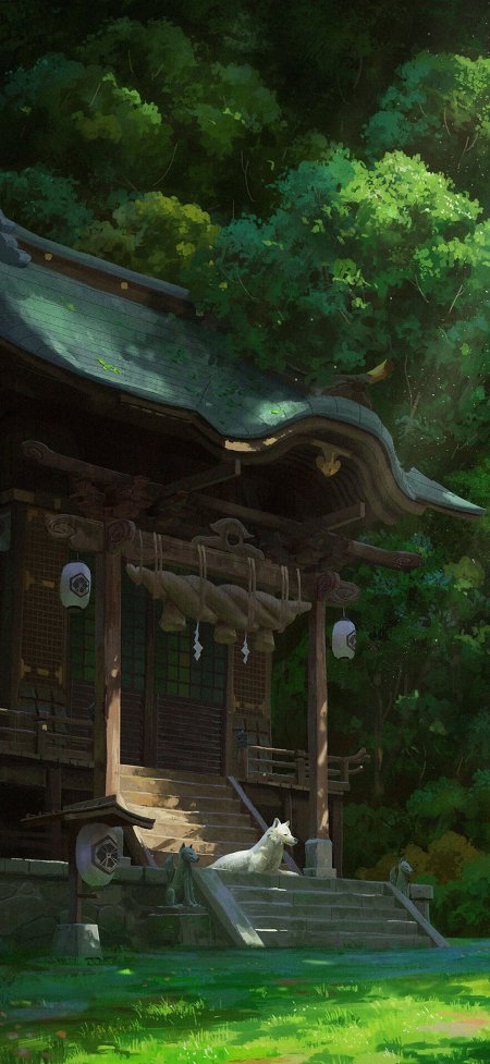 森林神社白狼阳光吉卜力风动漫手机壁纸