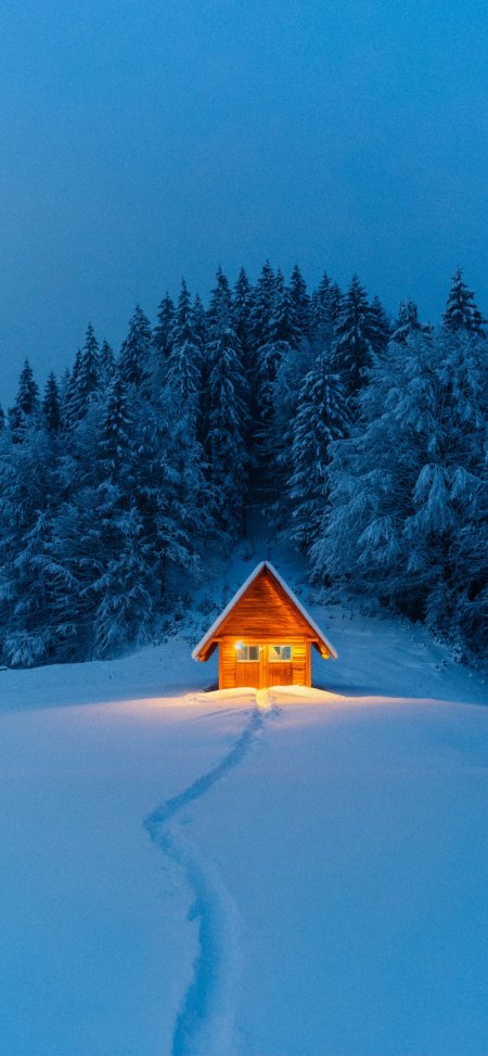 雪夜森林木质小屋暖灯脚印治愈风景手机壁纸