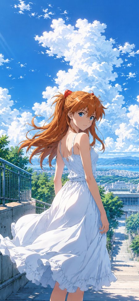 EVA明日香白裙回望夏日蓝天动漫手机壁纸