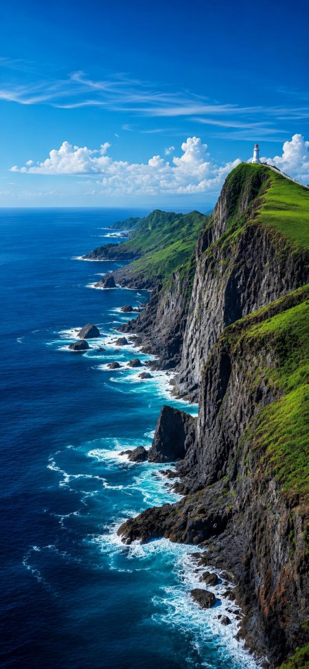 悬崖灯塔碧色海浪绿草峭壁海岸风景手机壁纸