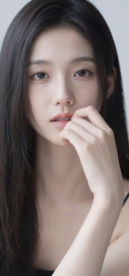 黑吊带长发美女手托下巴简约人像美女手机壁纸