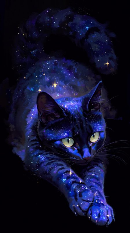 星河蓝猫匍匐前伸绿瞳孔星光闪烁创意手机壁纸