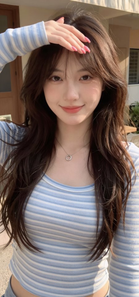 蓝白条纹上衣阳台阳光挥手微笑清新美女手机壁纸