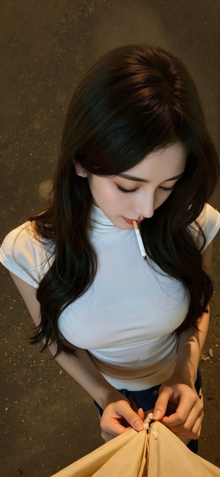 夜景俯拍白衣美女叼烟街头冷艳氛围手机壁纸