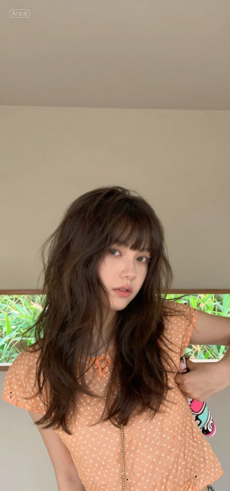 橙色波点衫长卷发窗绿竹清新少女美女手机壁纸