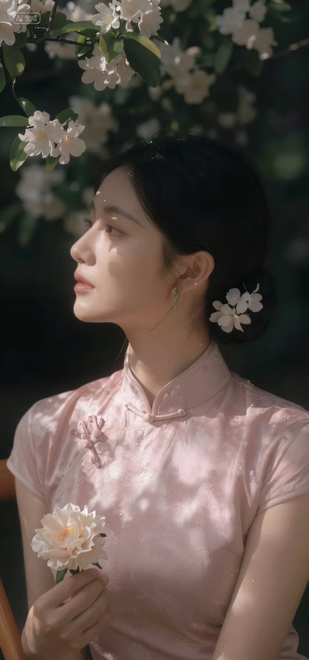 粉旗袍少女持花树下光影国风美女2手机壁纸