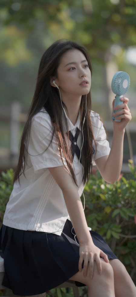 水手服少女持小风扇耳机户外治愈美女手机壁纸